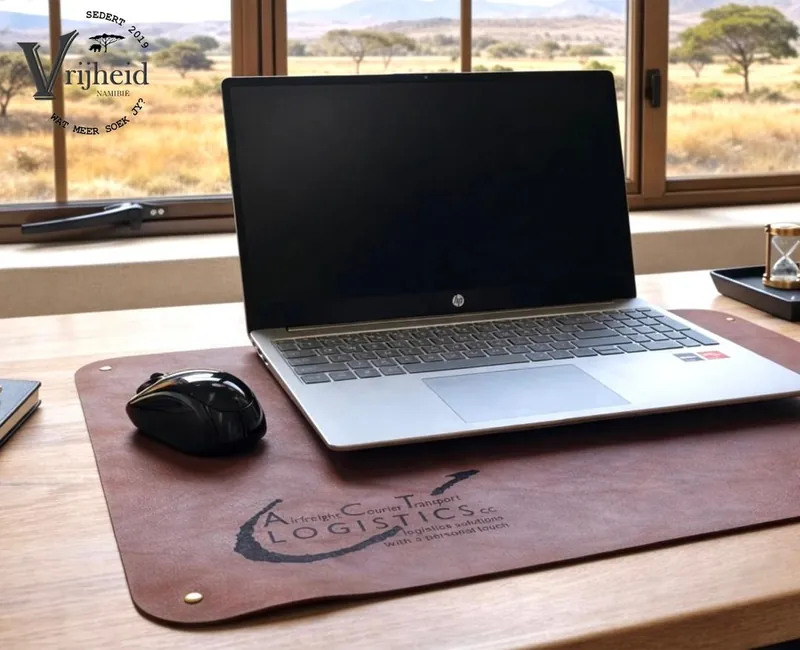Leather deskpad with a laptop in front of a window overlooking the Namibian bush