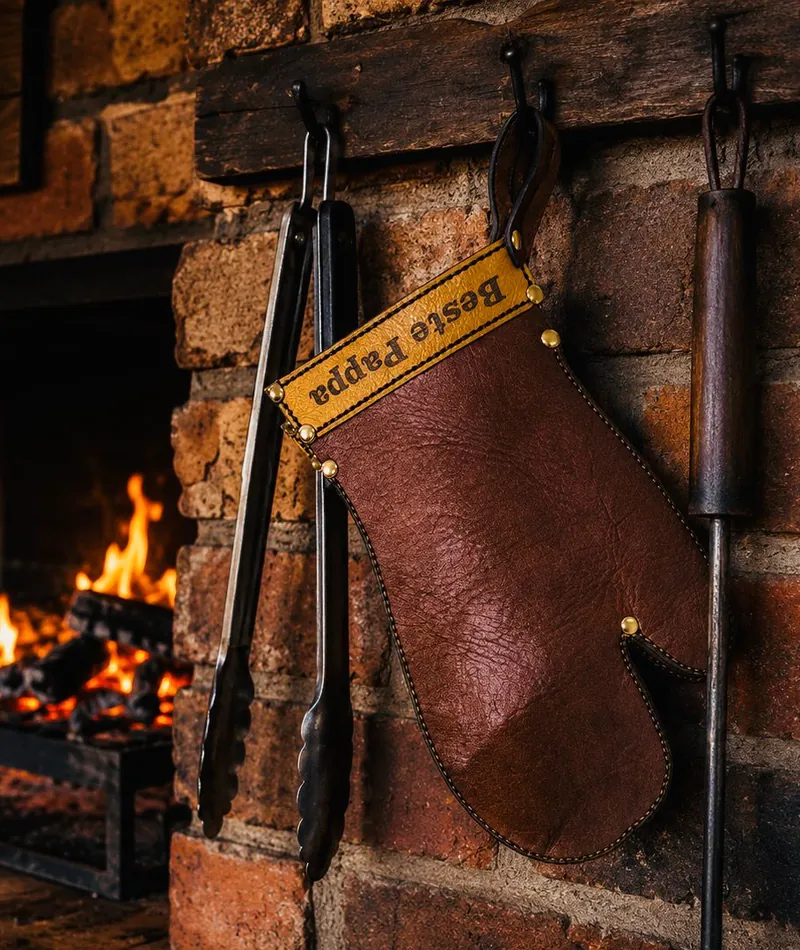 Leather mitten engraved Beste Pappa hanging beside braai tools in front of a fire
