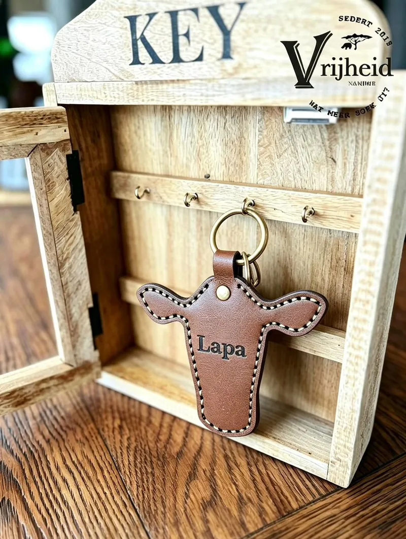 Bull-head shaped leather keychain engraved Lapa, hanging in a wooden key box